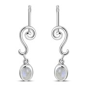 Swirling Ethnic Dangling Drop Stud Silver Earrings w/ Rainbow Moonstone - e166